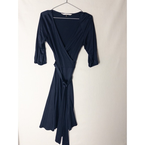 Diane Von Furstenberg Cocktail Dress Womens 4 Blue Sateen Wrap V Neck Ruffle